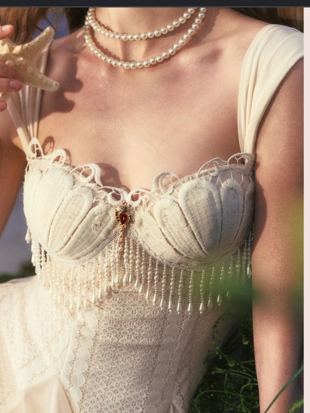 NWT LaceMade Siren's Song Mermaid Long Lace Dress Pearl Beads Shells Cream Small - Picture 3 of 16